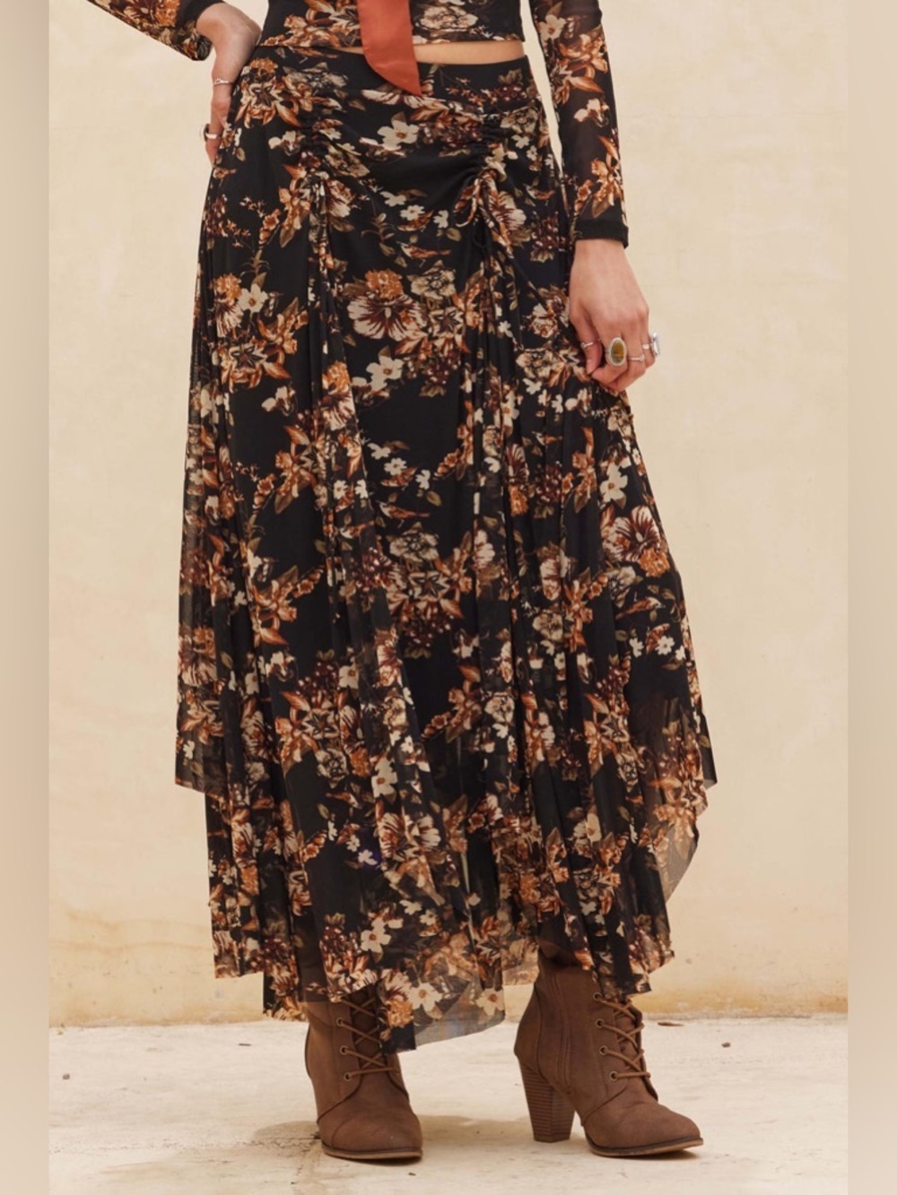 Promesa Cinched Asymmetrical Floral Print Gypsy Boho Maxi Skirt - Picture 4 of 7